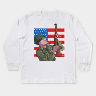 Memorial Day Army Soldier American Flag Kids Long Sleeve T-Shirt